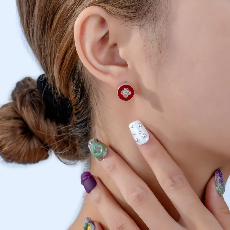 YYOGURT S925 Silver China Red Turquoise Stud Earrings Women's-1