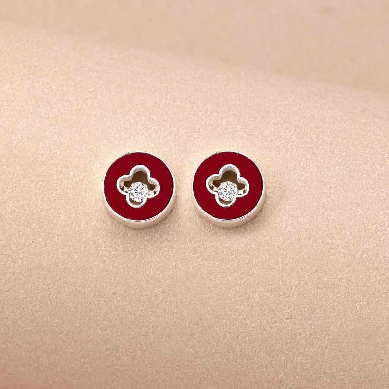 YYOGURT S925 Silver China Red Turquoise Stud Earrings Women's-2