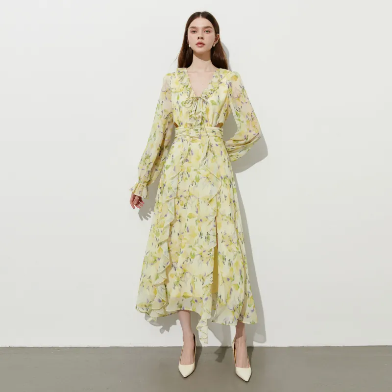 DPLAY Long Sleeved Dress Women's South Of France Holiday Yellow-2