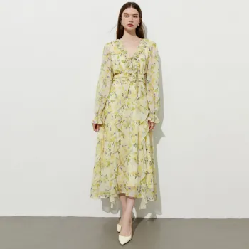 DPLAY Long Sleeved Dress Women's South Of France Holiday Yellow