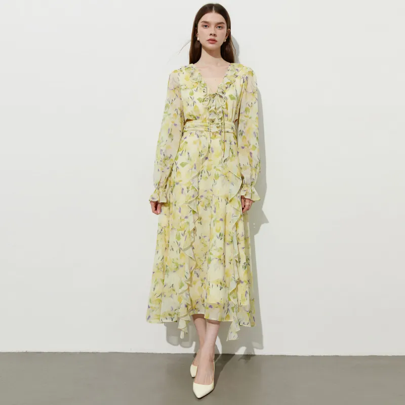 DPLAY Long Sleeved Dress Women's South Of France Holiday Yellow-0
