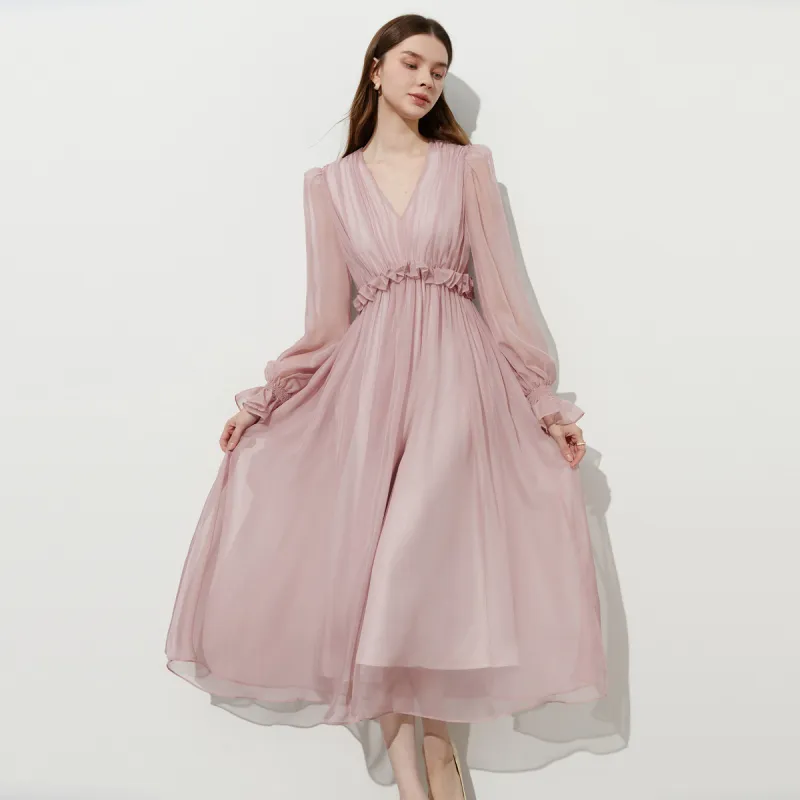 DPLAY Long Sleeved Dress Women's Gray Pink-1