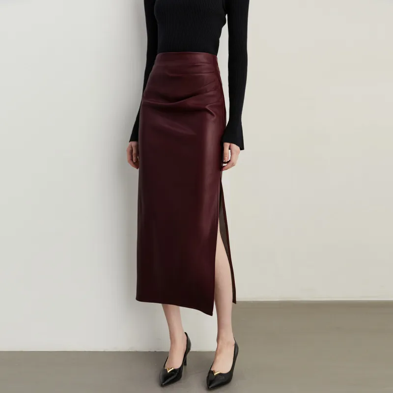 DPLAY Leather Long Skirt Women's Ancora Red-1