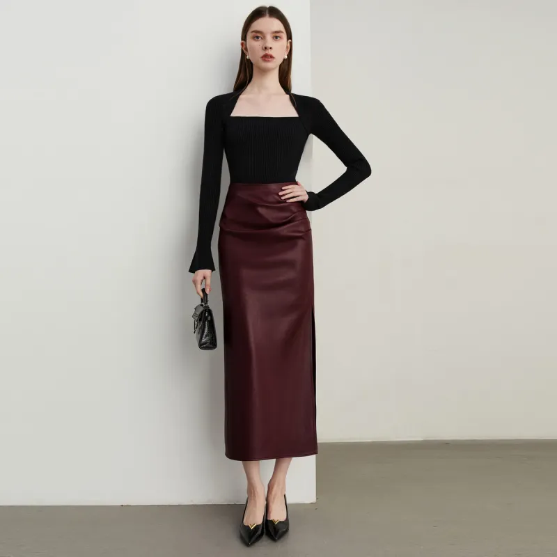 DPLAY Leather Long Skirt Women's Ancora Red-2
