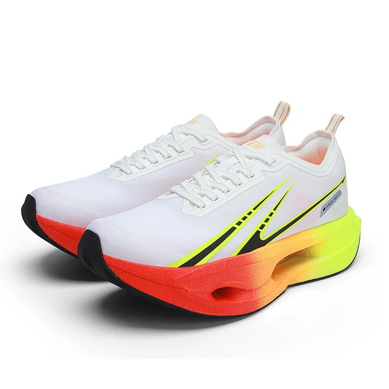Qing Pao Cushioning Slip Resistant Low Top Full Length Carbon Fiber Plate Racing Running Shoes Men's White Yellow-2