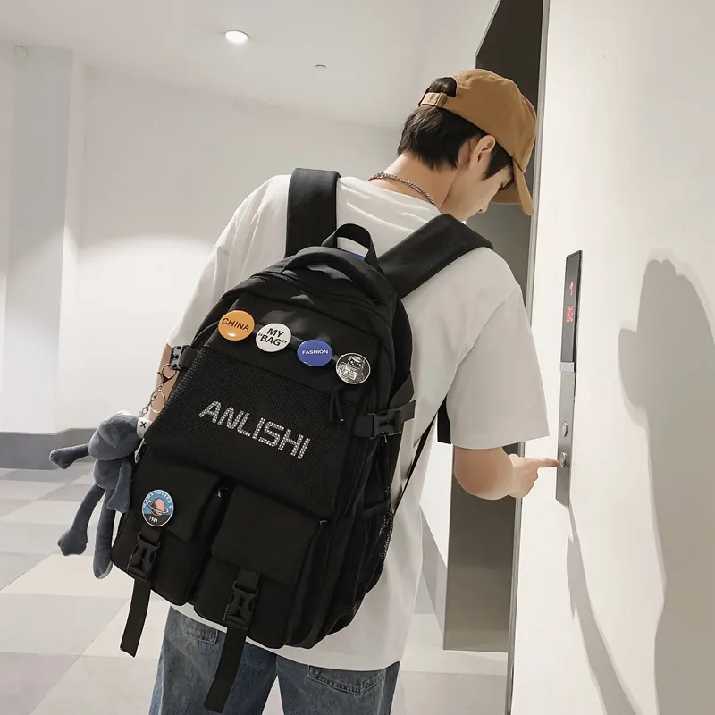 Single Warehouse Nylon Backpack Unisex Black/White/Blue/Gray-17
