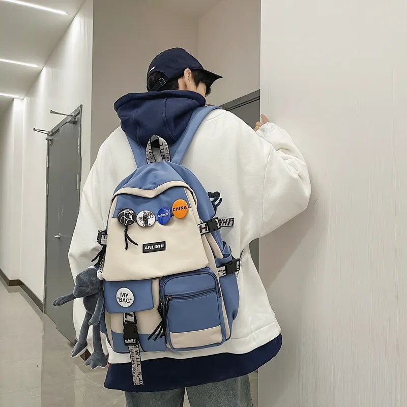 Single Warehouse Nylon Backpack Unisex Gray/Blue/Black & White/Black-8