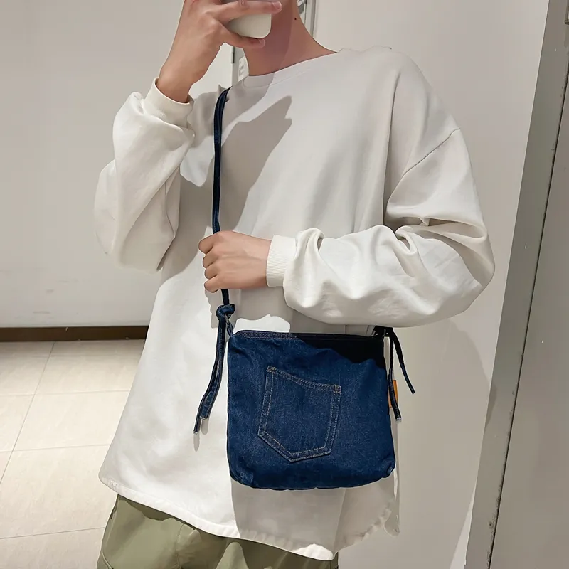 Single Warehouse Denim Shoulder Bag Medium Size Unisex Light Blue/Dark Blue-8