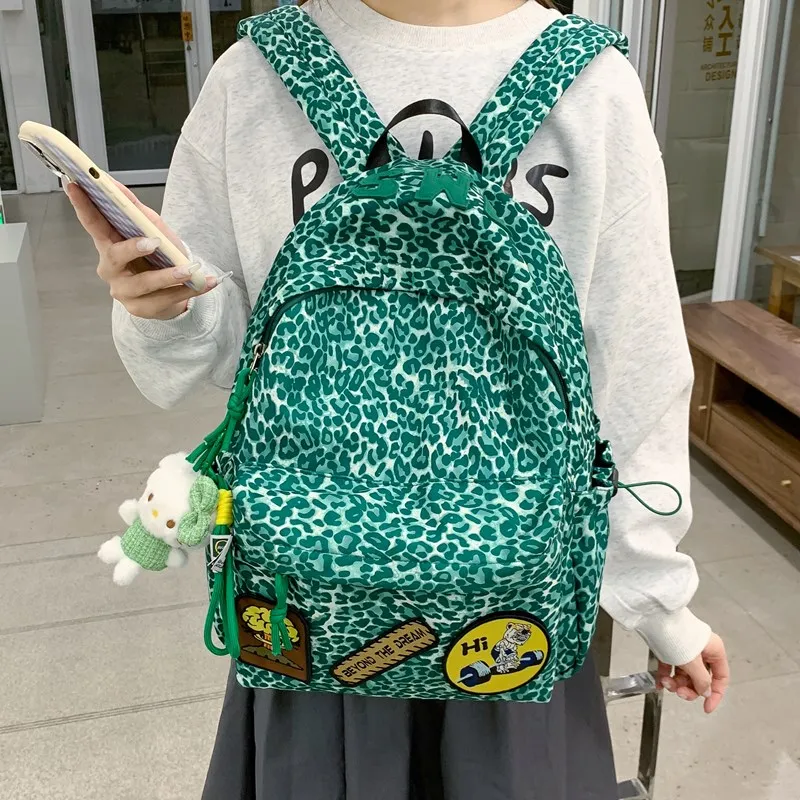 Single Warehouse Composite Cloth Backpack Women's Black/Rose Red/Emerald Green/Black Leopard Print-10