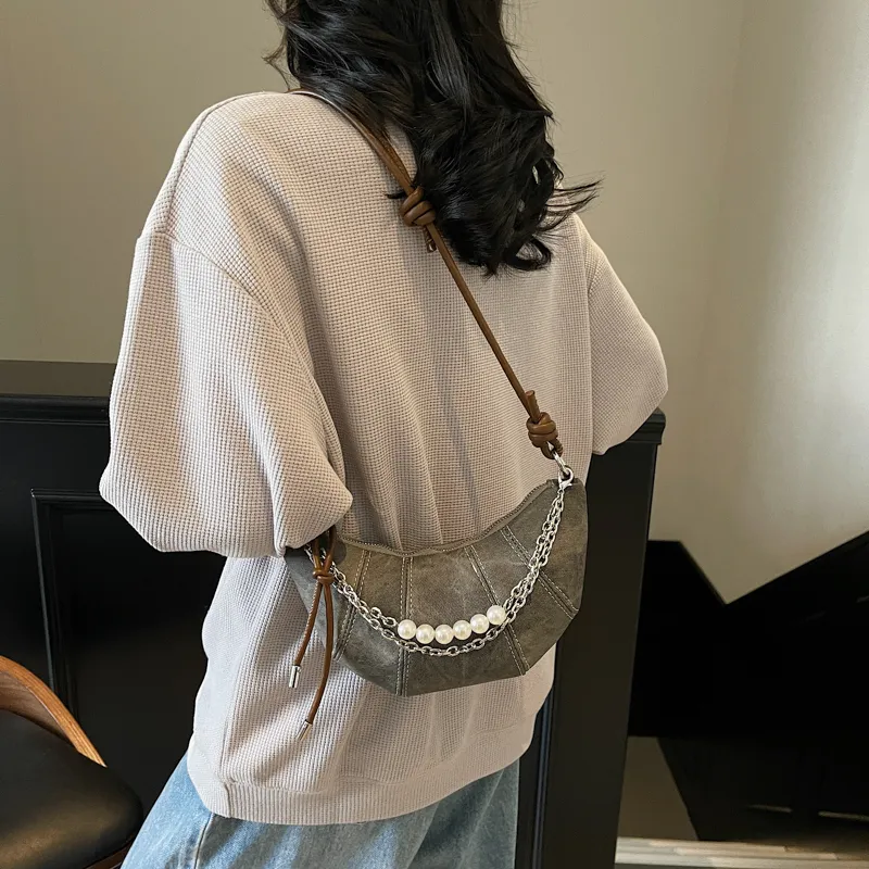 Single Warehouse PU Handheld Shoulder Bag Regular Women's Denim Blue/Dark Tea/Ecru-9