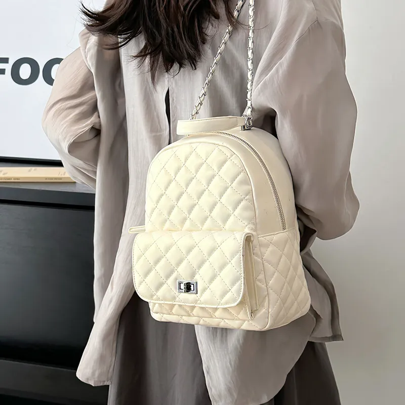 Single Warehouse PU Backpack Women's Ecru/Pink/Silver/Black/Red-35