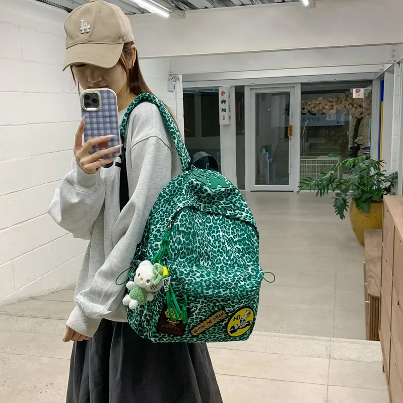 Single Warehouse Composite Cloth Backpack Women's Black/Rose Red/Emerald Green/Black Leopard Print-9