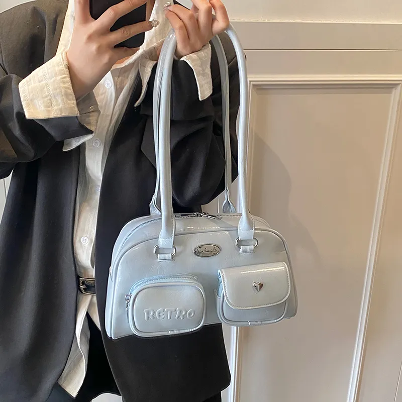 Single Warehouse PU Shoulder Bag Regular Women's Silver/Black/Blue-9