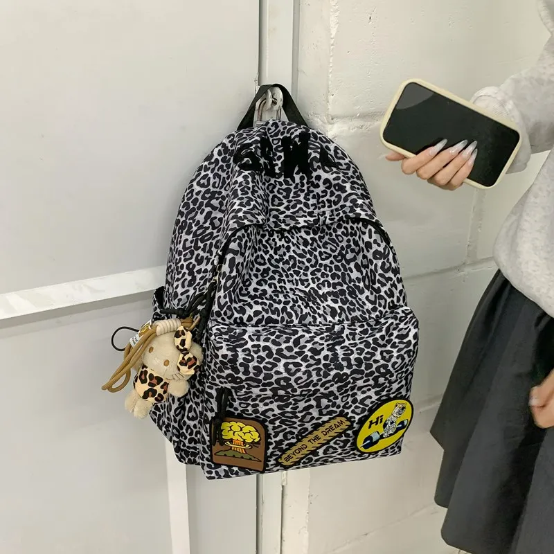 Single Warehouse Composite Cloth Backpack Women's Black/Rose Red/Emerald Green/Black Leopard Print-20