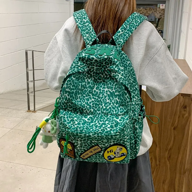 Single Warehouse Composite Cloth Backpack Women's Black/Rose Red/Emerald Green/Black Leopard Print-12