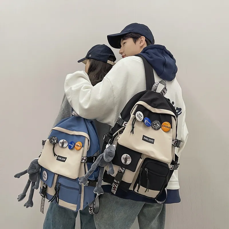 Single Warehouse Nylon Backpack Unisex Gray/Blue/Black & White/Black-16
