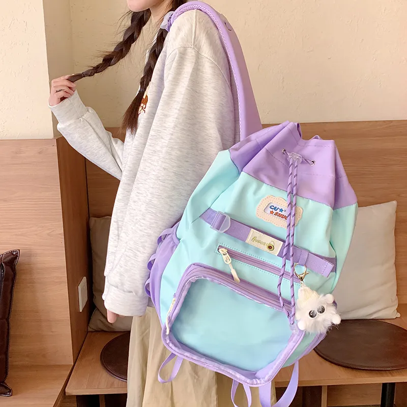 Single Warehouse Nylon Fabric Backpack Women's Blue/Yellow/Pea Green-3