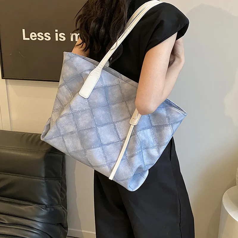 Single Warehouse PU Tote Bag, Shopping Bag, Shoulder Bag Women's Black/Light Blue/Pink/Dark Blue-11