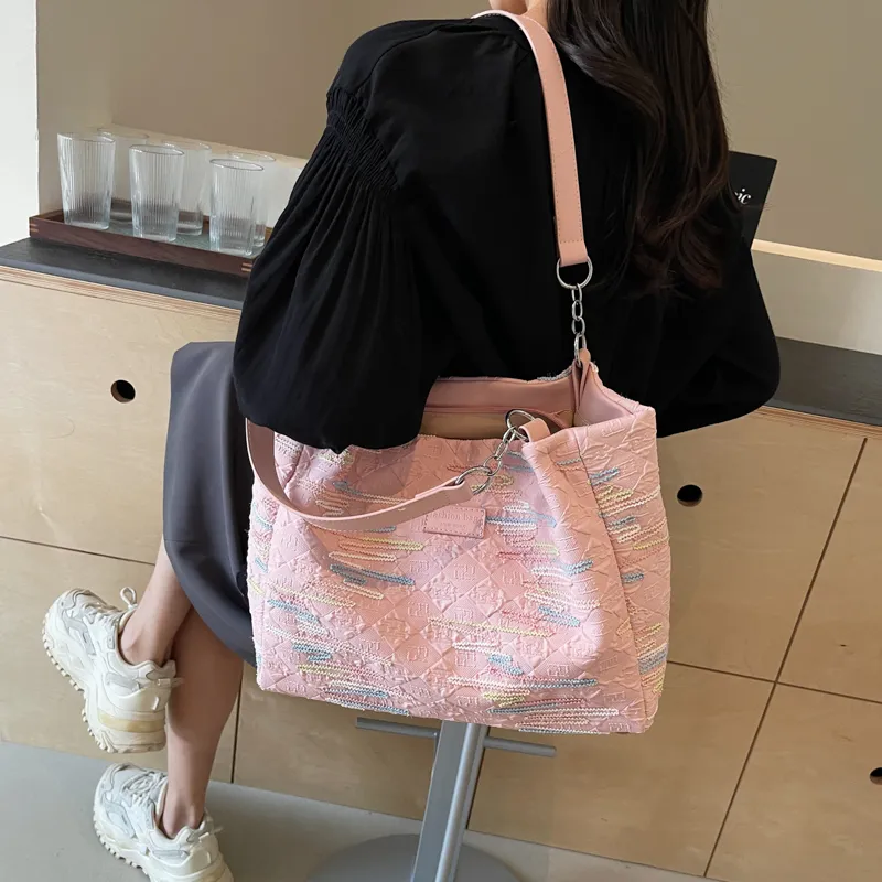 Single Warehouse Fabric Shoulder Bag Tote Women's Ecru/Pink/Black-11