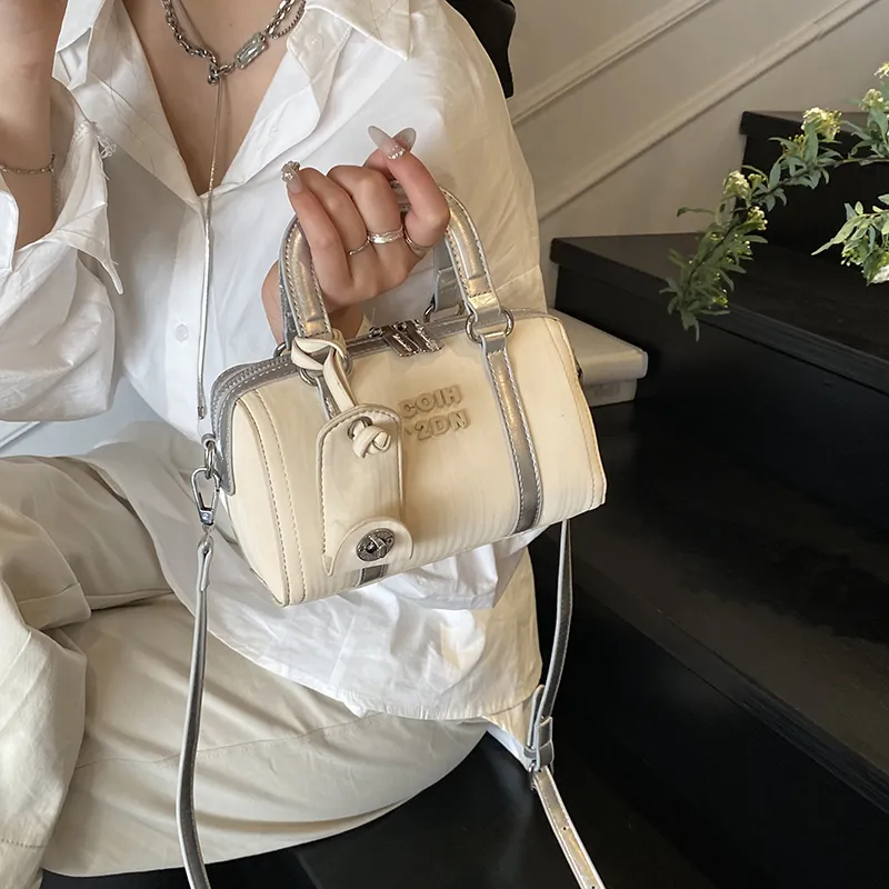 Single Warehouse PU Boston Bag, Shoulder Bag, Crossbody Bag, Handbag Regular Women's Beige-6