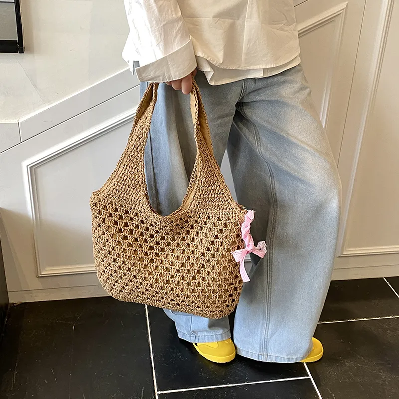 Single Warehouse Straw Woven Shoulder Bag Regular Women's Ecru/Khaki-8