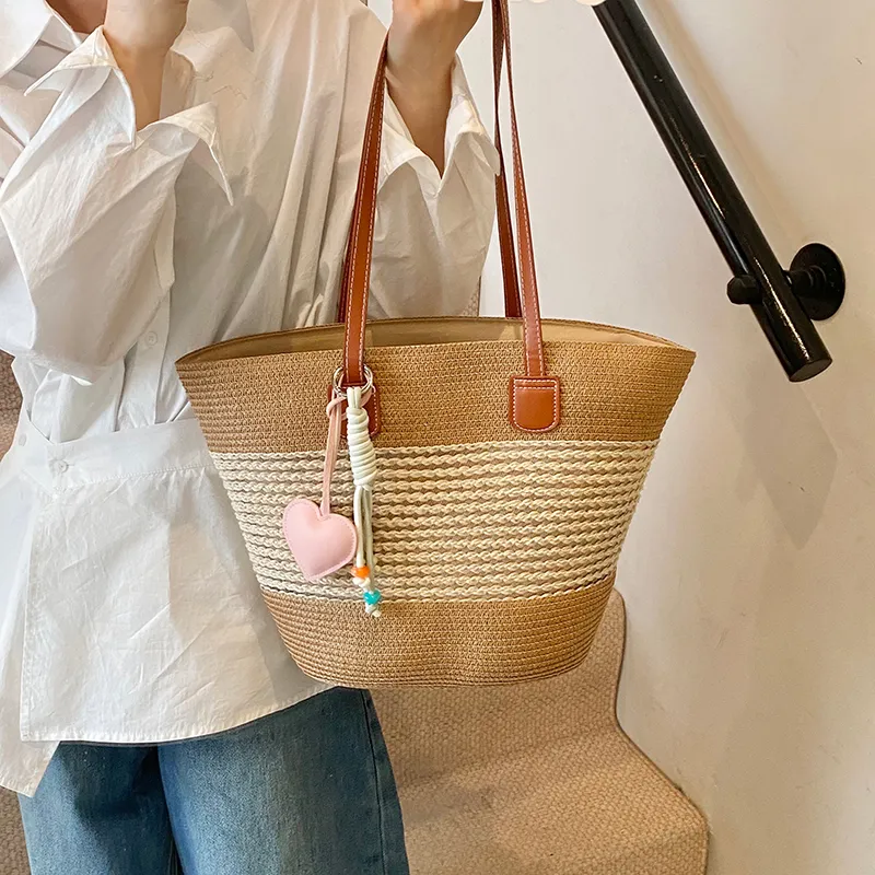 Single Warehouse Woven Tote Handbag, Shoulder Bag Regular Women's Khaki/Ecru/Pink/Green-7