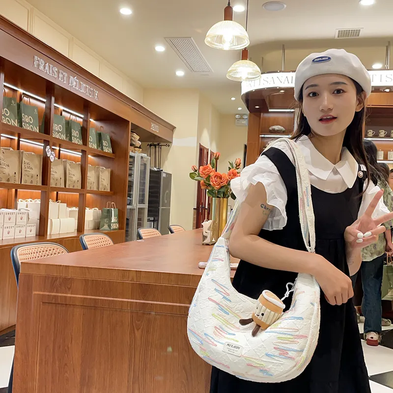 Single Warehouse Canvas Handheld Shoulder Bag Women's White/Pink/Yellow/Black-3