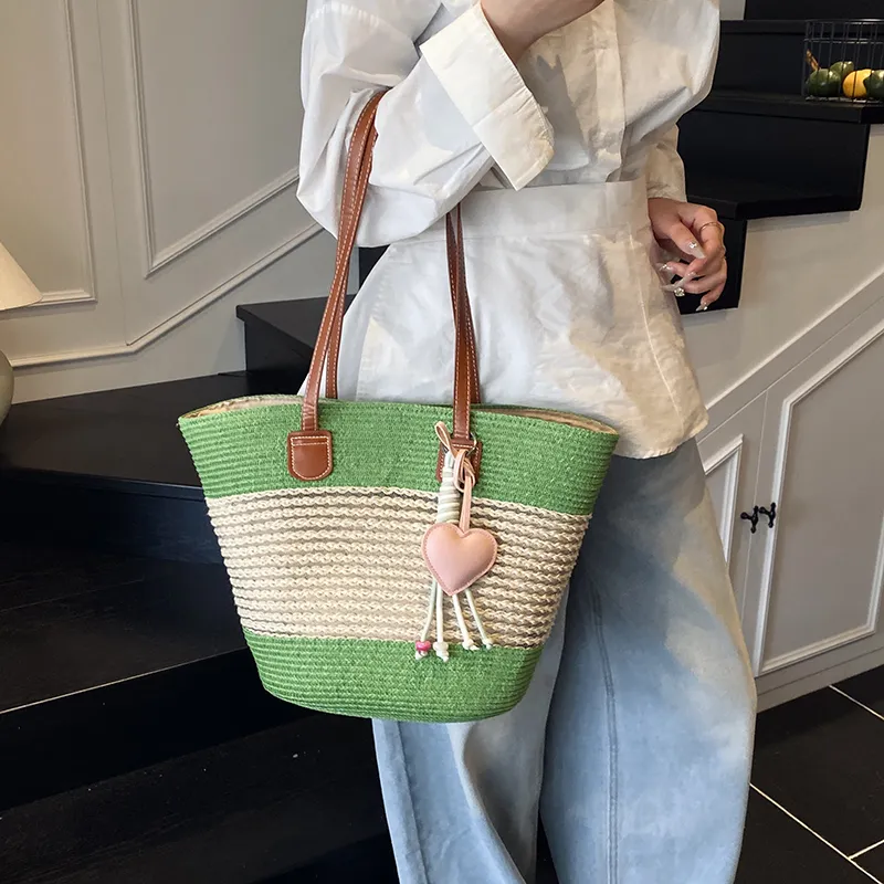 Single Warehouse Woven Tote Handbag, Shoulder Bag Regular Women's Khaki/Ecru/Pink/Green-24