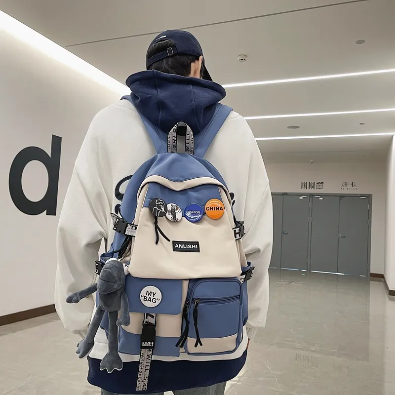 Single Warehouse Nylon Backpack Unisex Gray/Blue/Black & White/Black-9