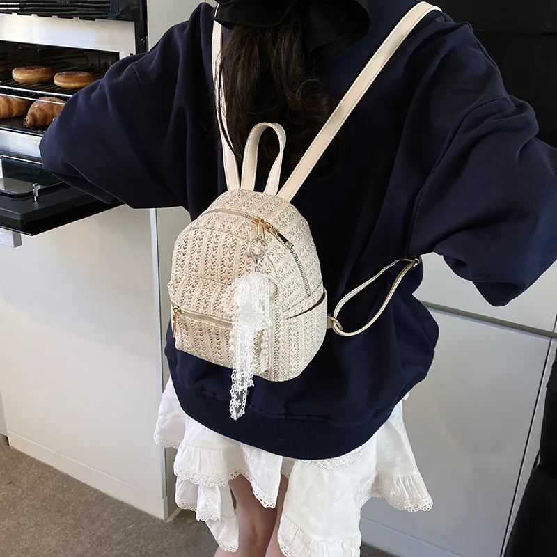 Single Warehouse PU Straw Woven Backpack Women's Ecru/Khaki-2