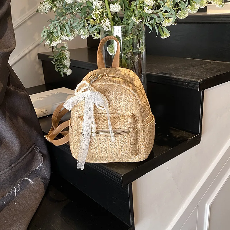 Single Warehouse PU Straw Woven Backpack Women's Ecru/Khaki-13