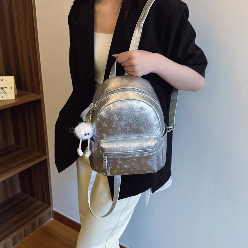 Single Warehouse PU Backpack Women's White/Silver/Black-11