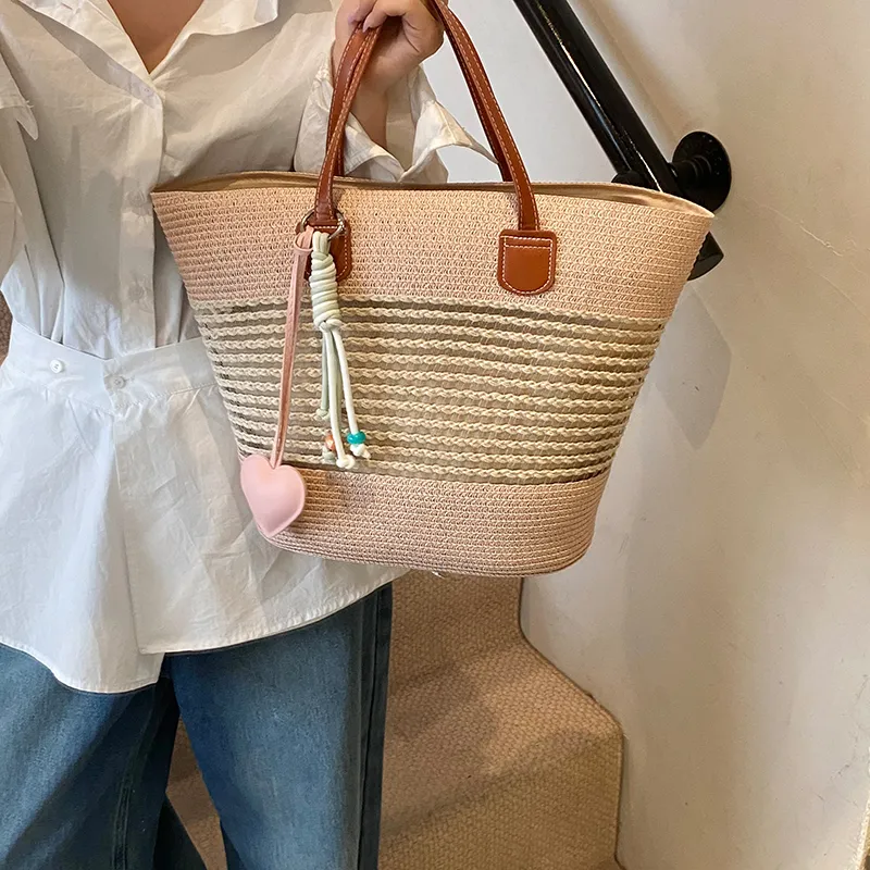 Single Warehouse Woven Tote Handbag, Shoulder Bag Regular Women's Khaki/Ecru/Pink/Green-16
