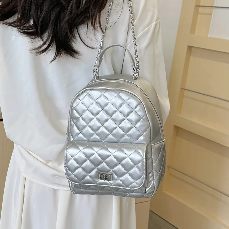 Single Warehouse PU Backpack Women's Ecru/Pink/Silver/Black/Red-50
