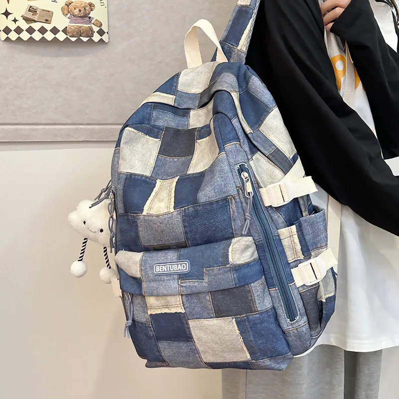 Single Warehouse Denim Backpack Travel Bag Regular Women's Pink/Dark Brown/Blue-19