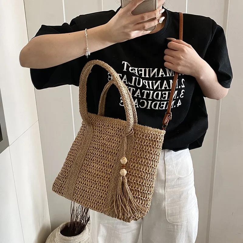 Single Warehouse Straw Woven Portable Crossbody Bag, Shoulder Bag Women's Khaki/Ecru-10