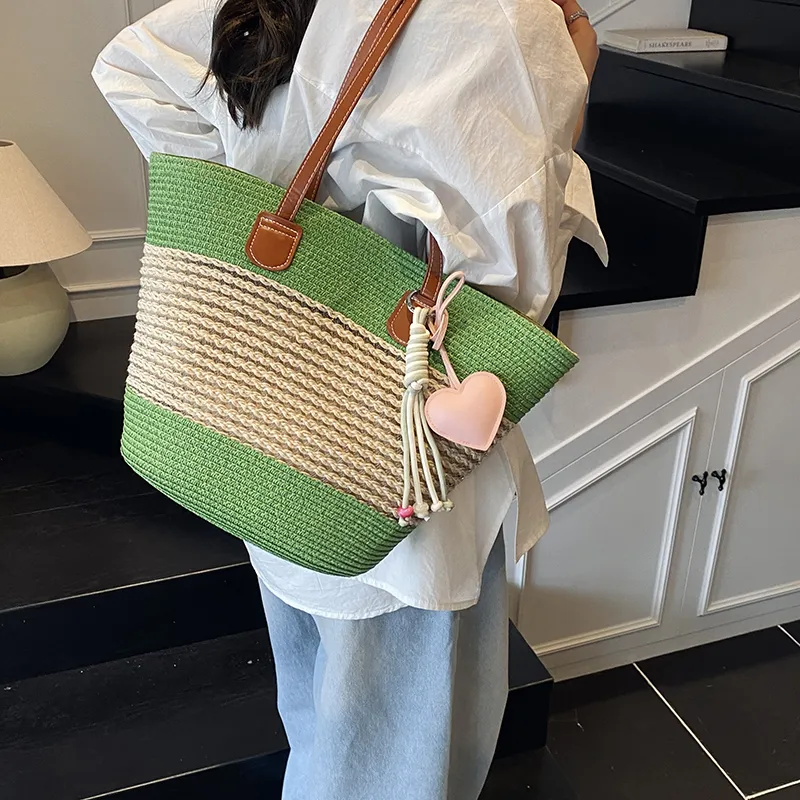 Single Warehouse Woven Tote Handbag, Shoulder Bag Regular Women's Khaki/Ecru/Pink/Green-23