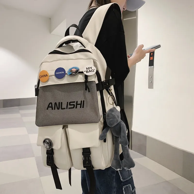 Single Warehouse Nylon Backpack Unisex Black/White/Blue/Gray-2