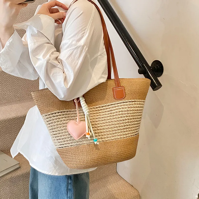 Single Warehouse Woven Tote Handbag, Shoulder Bag Regular Women's Khaki/Ecru/Pink/Green-8