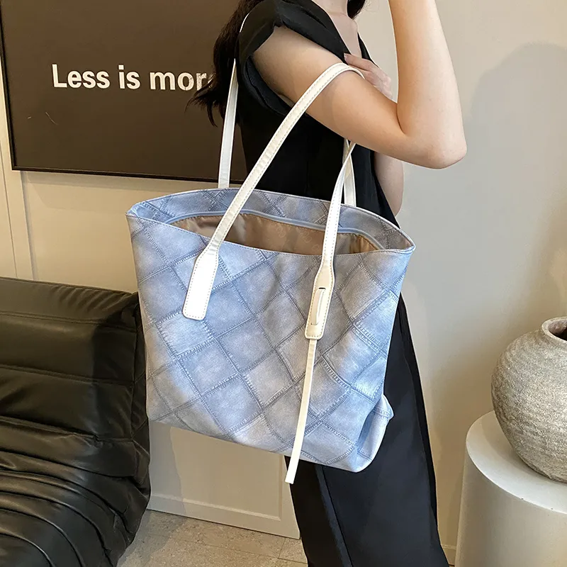Single Warehouse PU Tote Bag, Shopping Bag, Shoulder Bag Women's Black/Light Blue/Pink/Dark Blue-10