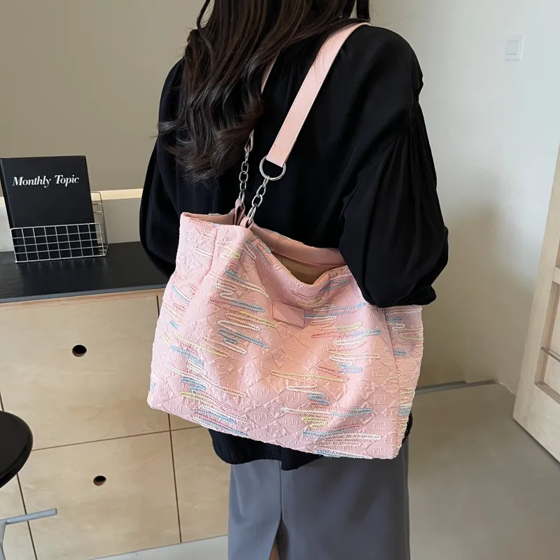 Single Warehouse Fabric Shoulder Bag Tote Women's Ecru/Pink/Black-9
