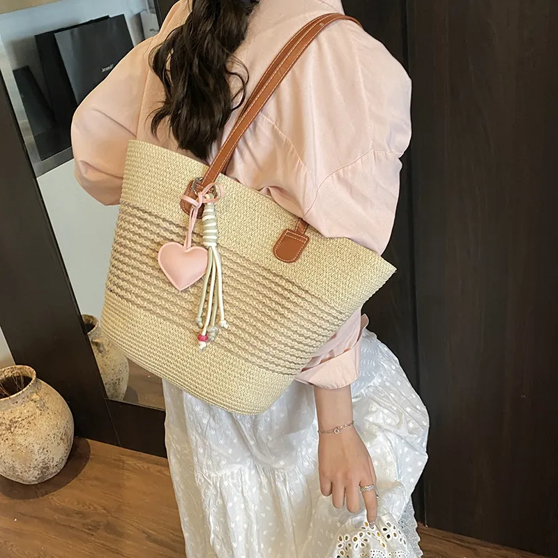Single Warehouse Woven Tote Handbag, Shoulder Bag Regular Women's Khaki/Ecru/Pink/Green-5