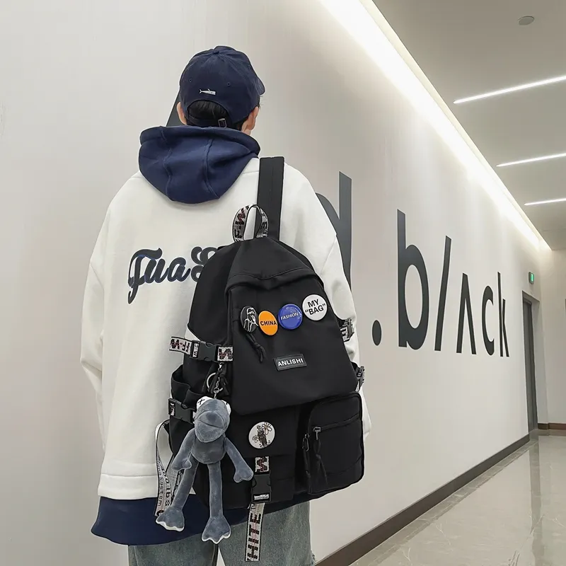 Single Warehouse Nylon Backpack Unisex Gray/Blue/Black & White/Black-20