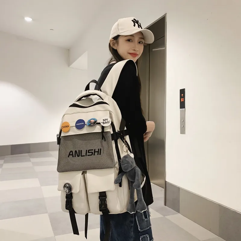 Single Warehouse Nylon Backpack Unisex Black/White/Blue/Gray-3