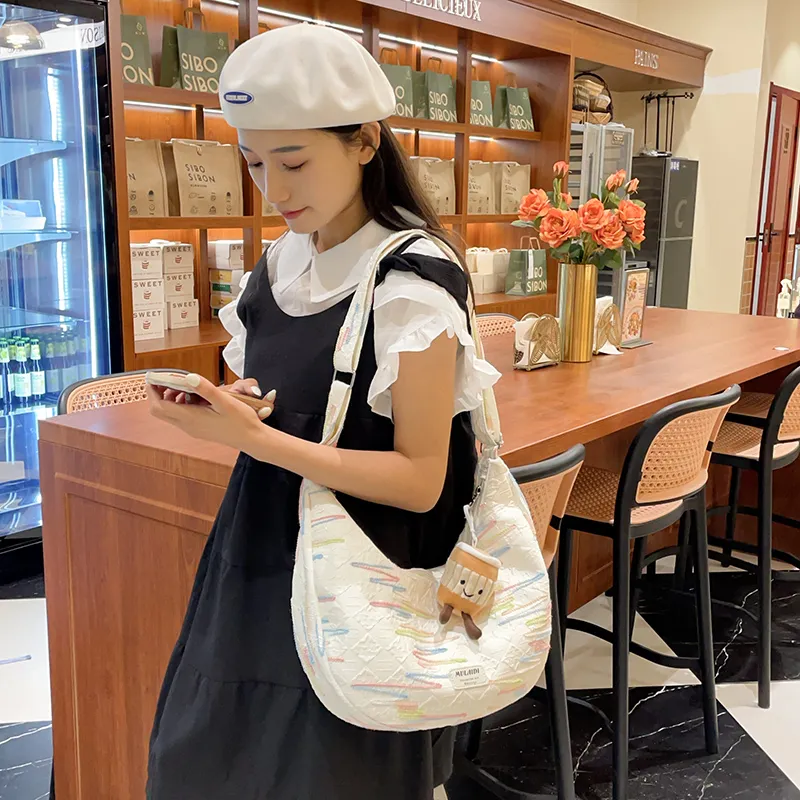 Single Warehouse Canvas Handheld Shoulder Bag Women's White/Pink/Yellow/Black-1
