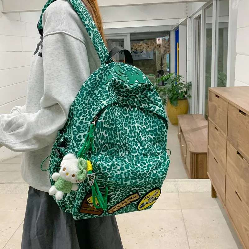 Single Warehouse Composite Cloth Backpack Women's Black/Rose Red/Emerald Green/Black Leopard Print-11