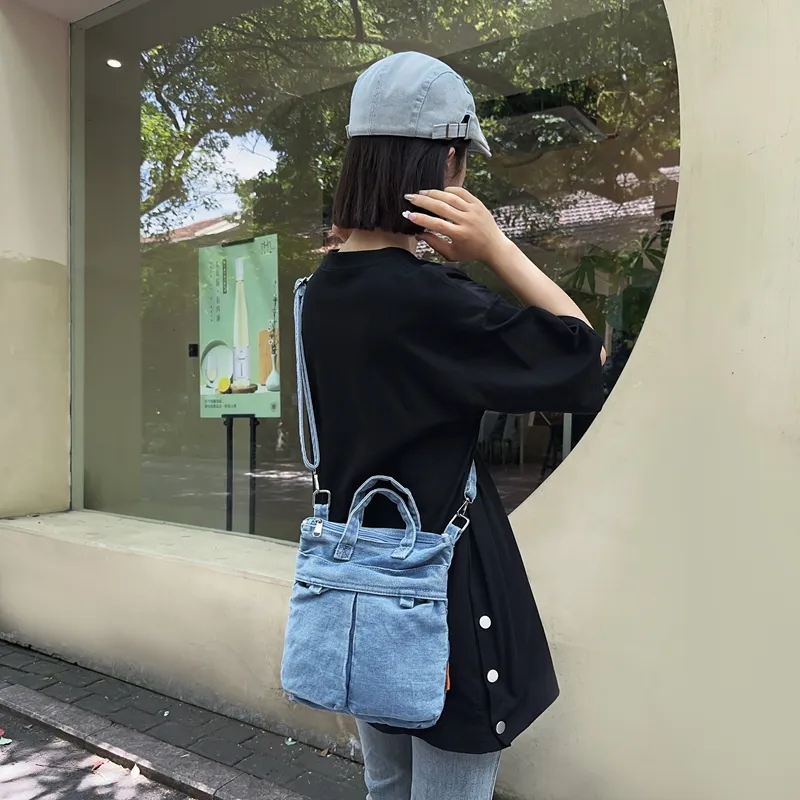 Single Warehouse Denim Crossbody Handbag Unisex Light Blue/Dark Blue-5