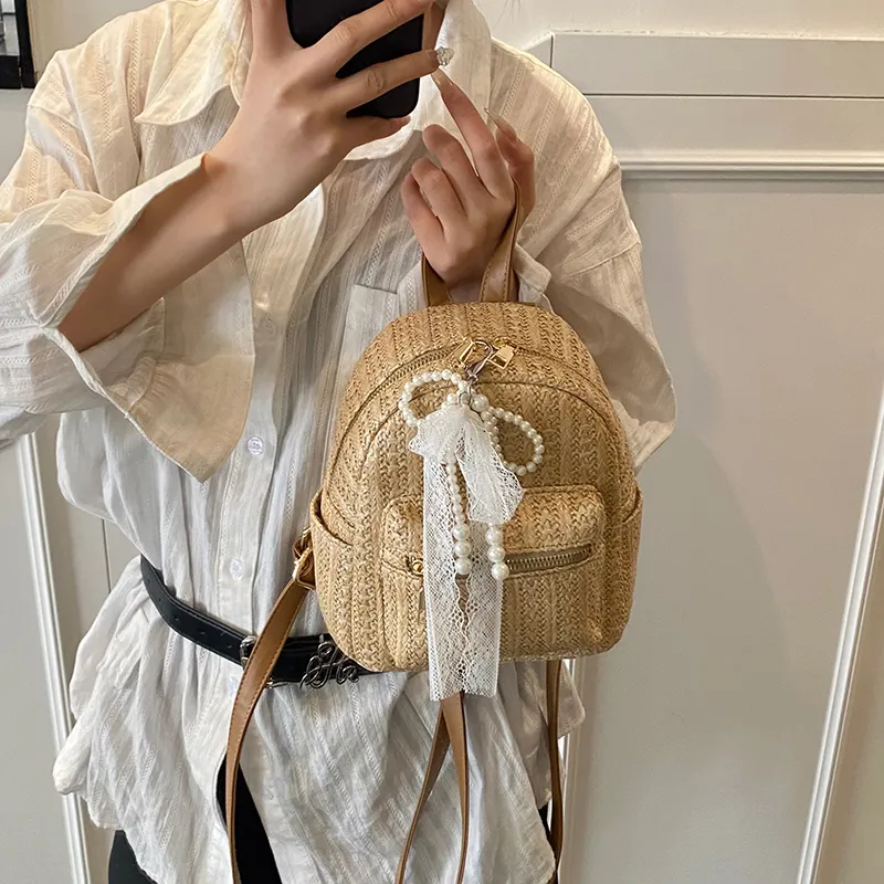 Single Warehouse PU Straw Woven Backpack Women's Ecru/Khaki-8
