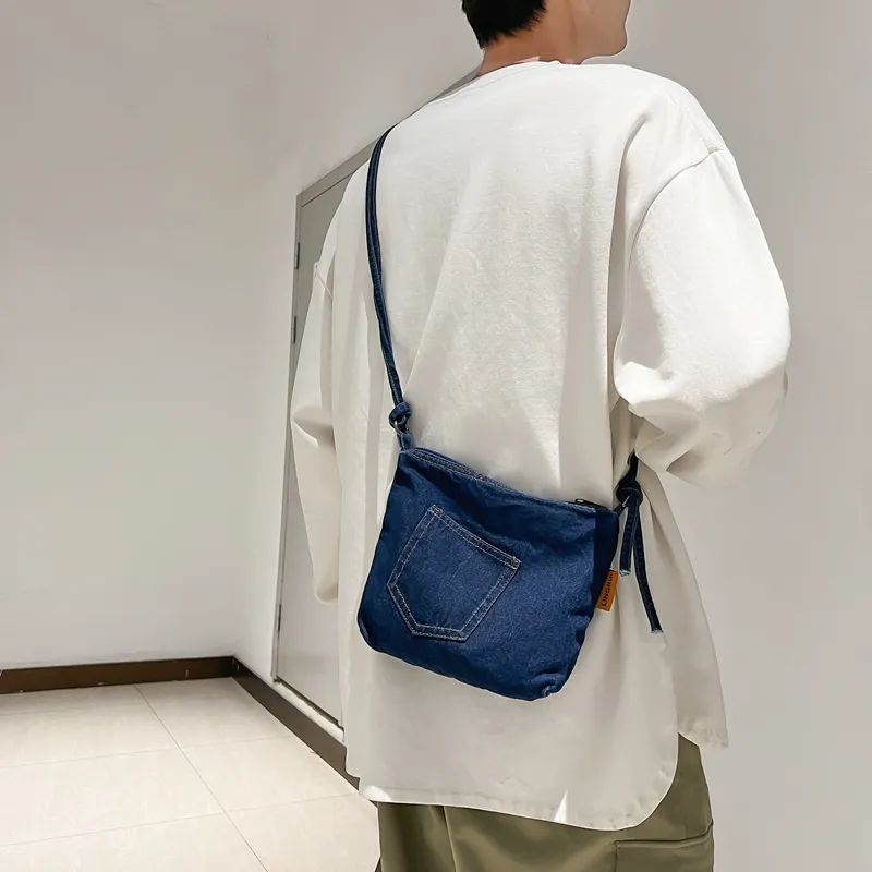 Single Warehouse Denim Shoulder Bag Medium Size Unisex Light Blue/Dark Blue-9
