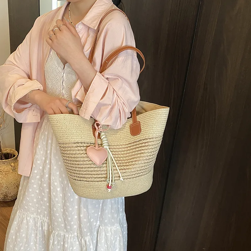 Single Warehouse Woven Tote Handbag, Shoulder Bag Regular Women's Khaki/Ecru/Pink/Green-3